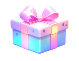  Glossy 3D render of cute cartoon present box with soft glowing ribbon isolated on transparent background PNG