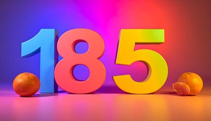A colorful, stylized numerical composition featuring the numbers 1, 8, and 5. Two oranges are placed at the bottom. The background transitions between pink, purple, red, and blue
