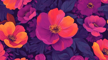 A vibrant, seamless floral pattern featuring stylized anemone flowers in shades of deep purple, magenta, and bright orange against a dark navy blue background