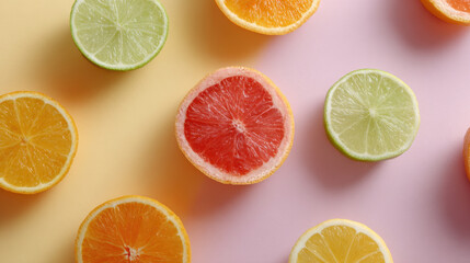 Fototapeta premium Slices of citrus fruits on pastel background create vibrant pattern
