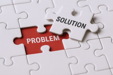 Problem and Solution Puzzle Pieces Illustrating Strategy, Resolution, and Creative Problem-Solving Concepts with Copy Space