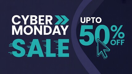 Cyber monday sale with up to 50 off, featuring cursor icon and wavy design element