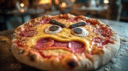 Angry Pizza Sits on a Wooden Table