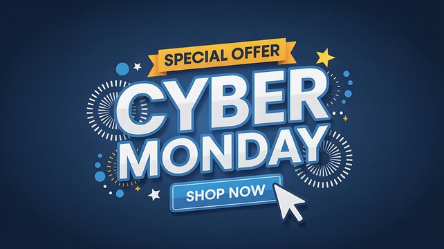Cyber monday special offer shop now text with festive elements and cursor