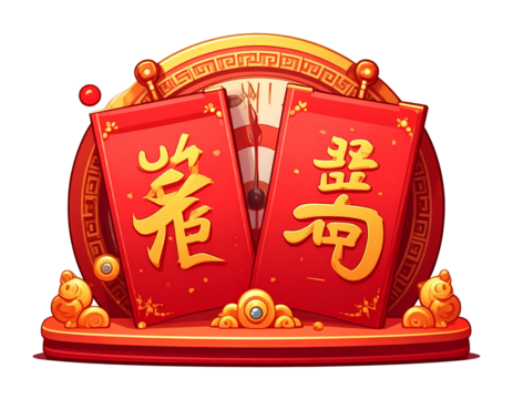 Glossy 3D render of traditional red couplets with golden Chinese calligraphy and clock isolated on transparent background PNG - Powered by Adobe