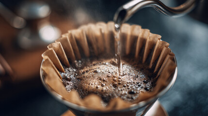 Coffee brewing process with hot water poured over ground coffee in a filter on a wooden surface background with bokeh effect creating a cozy atmosphere