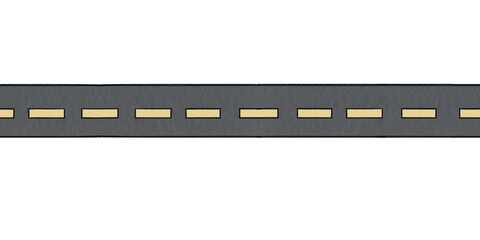 Watercolor illustration of a seamless border of a straight automobile road. Hand drawn in a simple style top view.
