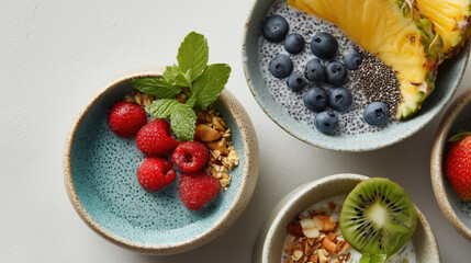 Breakfast bowls variety with fresh berries and kiwi slices overhead