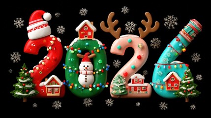 Festive 2026 New Year Celebration Art with Snowflakes, Houses, and Christmas Decorations on Black Background