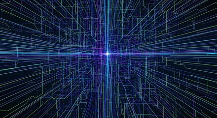 Infinite Digital Matrix Grid Extending into a Luminous Horizon.