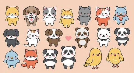 Cartoon Animals Illustration Cute Characters on Peach Background