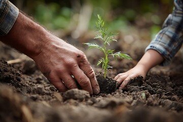 Soil planting and seeding concept, with a close-up of a kida??s hand and father planting a young tree together.