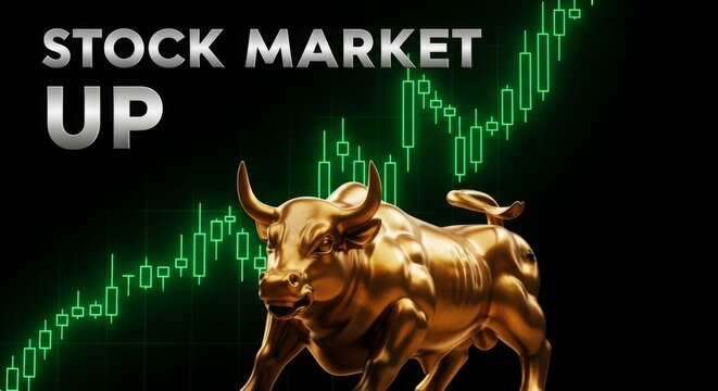 Golden bull symbolizes soaring stock market gains, financial success, and bullish trends in investment with vibrant green graph on dark background