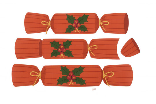 Christmas crackers illustration with holly design, celebrating winter holidays and festive traditions on transparent background