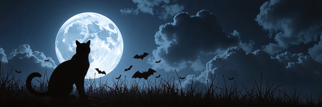 Silhouettes of a cat and bats under the full moon, embodying the spooky essence of Halloween.