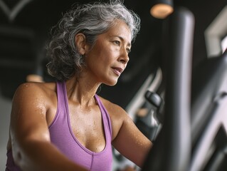 Determined middle-aged woman with curly gray hair works out intensely on an elliptical machine at the gym, face showing effort and concentration