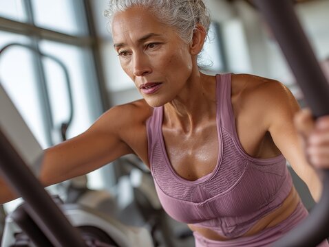 Active senior woman with tied-up gray hair exercises on an elliptical machine in a bright gym, focusing downward with determination - Powered by Adobe