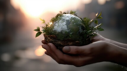 Hands Holding Green Earth Globe at Sunrise, Environmental Protec