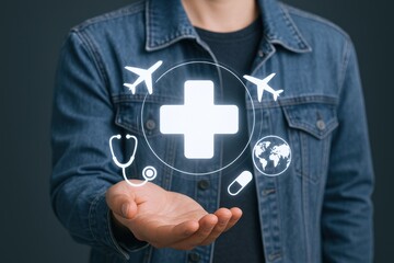 Person Holding Digital Overlay of Global Healthcare Icons Representing Travel Insurance and Medical Assistance Coverage