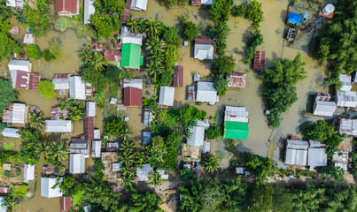 Aerial view of submerged village after swollen river due to heavy rain