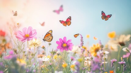 A picturesque meadow filled with vibrant pink and yellow wildflowers under a bright, sunny sky, with several orange butterflies gracefully fluttering among the blooms