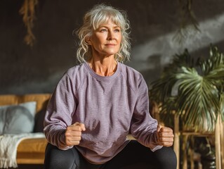 A calm middle-aged woman with gray hair prepares for a deep squat or yoga pose in her cozy living room, demonstrating flexibility and home fitness dedication