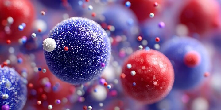 A bunch of colorful spheres are floating in the air, with some of them being blue and red. The image has a playful and whimsical mood, as the spheres seem to be bouncing around