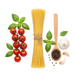 Spaghetti bunch with cherry tomatoes basil garlic and peppercorns on pasta food