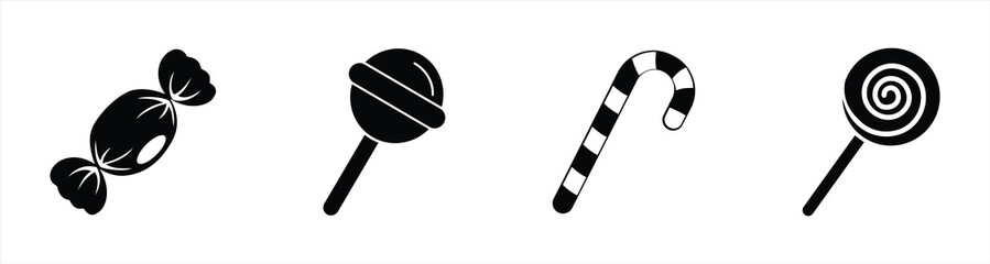 Candy and Lollipop Icon Set – Vector Illustration of Sweet Candy, Round Lollipop, Candy Cane, and Spiral Lollipop for Dessert, Snack, Festival, and Holiday Celebration Design