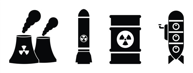 Nuclear Energy and Weapon Icon Set – Vector Illustration of Nuclear Power Plant, Radiation Barrel, Atomic Bomb, and Submarine Missile for Energy, Danger, and Military Design © febrian
