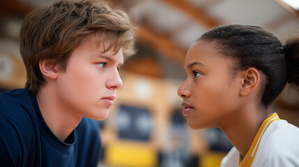 Gym Class Competition: Teens in gym clothes arguing during a game with a basketball a water bottle and a school gymnasium setting. high quality photo ultra high detail 8K
