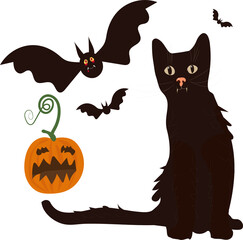 halloween cat and bats