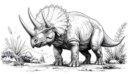 Black and white illustration of a Triceratops