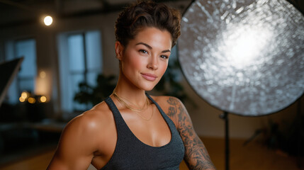 Naklejka premium Tattoo Portfolio Shoot: A model posing to display a full arm tattoo in a studio with a camera a reflector and a minimalist backdrop. high quality photo ultra high detail 8K