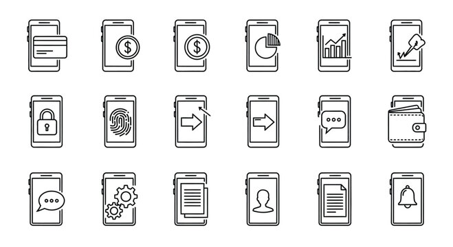 Collection of hand-drawn mobile phone interface icons representing various digital functions and services vector