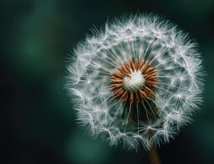 Fototapeta premium Close-up of a dandelion seed head. Soft, white seeds radiate outward from a central, brownish-tan seed receptacle. Dark teal-green background softly blurs