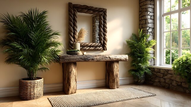 A realistic high-definition photo of a hallway with console table and statement mirror.