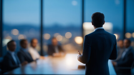 Fototapeta premium Boardroom Power Struggle: Executives in suits debating heatedly with a projector a notepad and a sleek office with a skyline view. high quality photo ultra high detail 8K