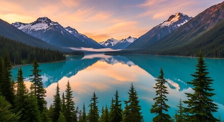 Serene Mountain Lake at Sunrise.