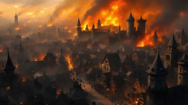 Panoramic view of a medieval style city under siege