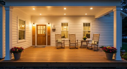 Front veranda porch of a modern farmhouse style home with rocking chairs table and a wooden door with white siding and warm welcoming lighting