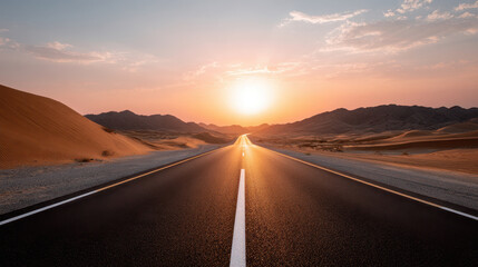 Fototapeta premium Cinematic view of desert highway stretching into horizon, surrounded by sand dunes and mountains under vibrant sunset sky. scene evokes sense of adventure and serenity