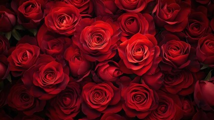 A rich and abundant bouquet of deep red roses, their velvety petals unfurling in a luxurious display, symbolizing love, passion, and romance