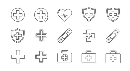Hand drawn medical cross shield bandage heart and first aid kit icons for healthcare and emergency services vector