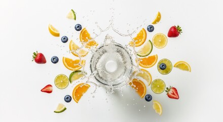 Obraz premium Effervescent tablet is dissolving, creating a symmetrical, outward explosion of real fruit slices and water splashes on a clean white surface