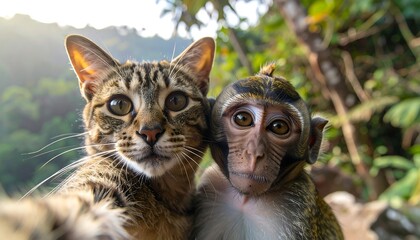A cat and monkey selfie