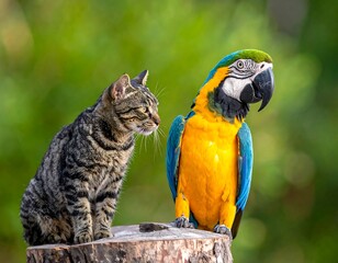 A cat and parrot on a stump