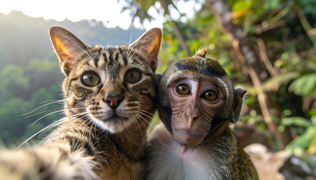 A cat and monkey selfie