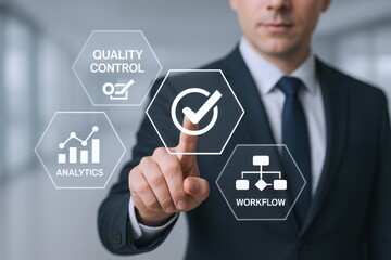 Businessman Using Interactive Touchscreen Display for Project Management, Quality Control, Analytics and Workflow Automation