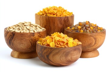 Four wooden bowls of various breakfast cereals against a white background
